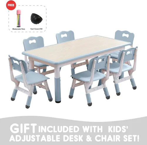 Miniatura 3 de Juego de mesa y sillas para niños, escritorio ajustable en altura con 6 asientos para edades de 3 a 12 años, mesa de arte y manualidades, escritorio