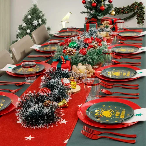 Miniatura 6 de WDF 175 piezas de platos de Navidad de plástico desechables - 25 platos verdes, 25 platos rojos con campanas doradas, 75 cubiertos de plástico Bell