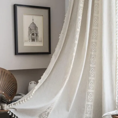 Miniatura 8 de AMZALI Cortinas texturizadas de lino y algodón con borlas, cortinas semiopacas para ventana, paneles de cortina con bolsillo para barra, cortina
