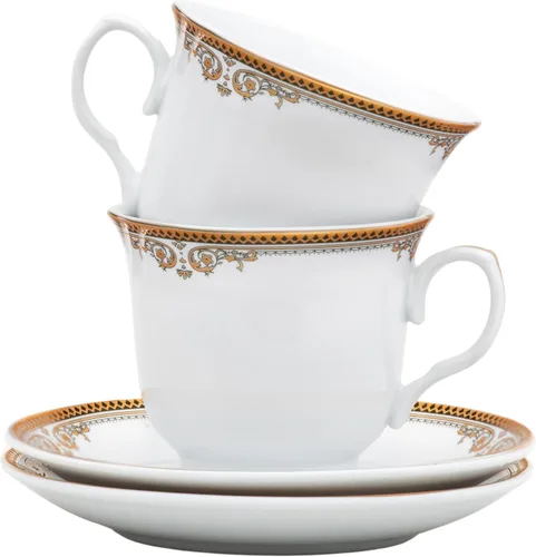 Tazas y platillos de té de porcelana, 4 piezas, juego vintage, blanco con diseño floral dorado, platillos de 5.5 pulgadas, tazas de 6.5 onzas,