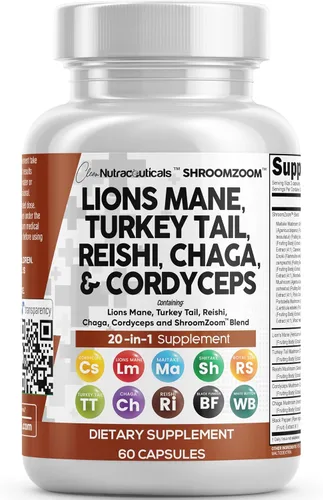 Clean Nutraceuticals Lions Mane - Suplemento de hongos 20 en 1 con Turkey Tail Reishi Cordyceps Chaga Maitake Meshima Poria Cocos Shiitake Oyster