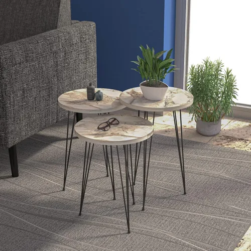 Miniatura 3 de Juego de 3 mesas auxiliares anidables de mármol blanco, mesas auxiliares redondas de madera apilables con patas de metal para sala de estar, oficina
