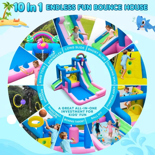 Miniatura 3 de Casa de rebote inflable Flamingo para niños – Castillo inflable 10 en 1 con doble tobogán, piscina de bolas, aro de baloncesto, pared de escalada