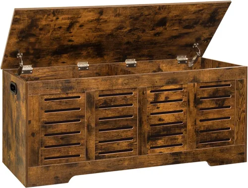 Miniatura 25 de DINZI LVJ Cofre de almacenamiento, caja de juguetes de madera de 39.4” con 2 bisagras de seguridad, banco de almacenamiento de zapatos retro