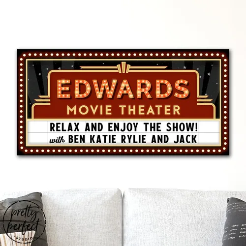 Miniatura 8 de Pretty Perfect Studio Letreros de cine personalizados para sala de cine en casa, arte de pared vintage, 10 x 20 pulgadas A. Teatro en casa familiar