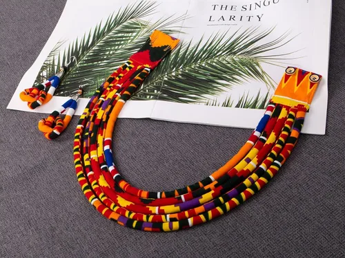 Miniatura 2 de BintaRealWax Conjunto de collar africano y pendientes Ankara con estampado de tela multicapa de cuerda tejida gargantilla en capas