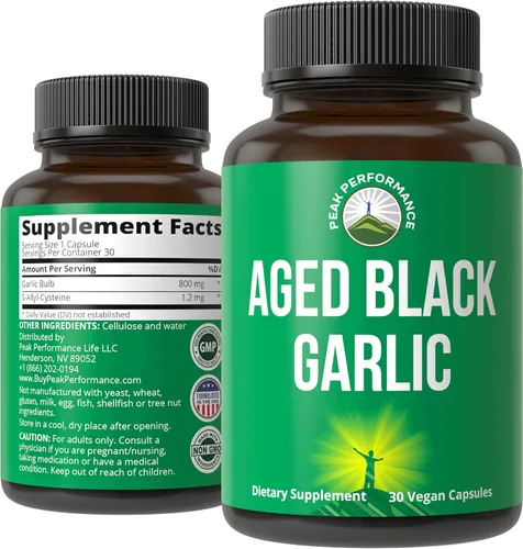 Peak Performance Cápsulas de ajo negro envejecido. Suplemento de extracto puro sin olor de ajo crudo vegano para el colesterol y el apoyo