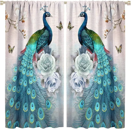 Miniatura 15 de Cortina opaca con estampado de pavo real, con estampado de animales retro, con bolsillo para cortinero y flores de peonía doradas, para dormitorio