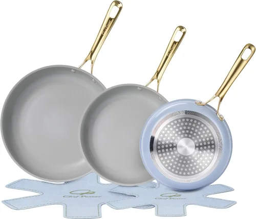 Chef Power Sartén de cerámica con mango de acero inoxidable, juego de 5 piezas, sartén antiadherente, apta para lavavajillas y horno, gris azul y
