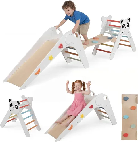 GLACER Pikler - Juego de triángulos Montessori con temática de panda, juguetes de escalada para niños pequeños con escalera, túnel, tobogán, rampa,