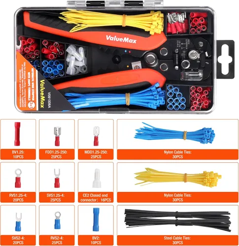 Miniatura 7 de ValueMax Juego de herramientas para pelacables de 266 piezas, herramienta automática autoajustable de 8 pulgadas para AWG 10-24, pelacables