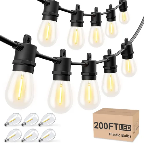 Svater Guirnalda de luces para exteriores de 200 pies, luces de patio para exteriores con bombillas LED inastillables, impermeable, IP65, luz