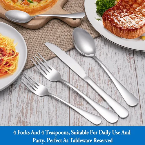 Miniatura 7 de Juego de cubiertos de 8 piezas de tenedores y cucharas, juego de cubiertos de acero inoxidable de grado alimenticio para el hogar, cocina