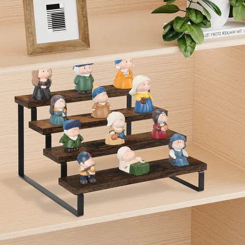 Miniatura 3 de YINMIT Soporte elevador de madera, soporte organizador de perfume y colonia, organizador de especias de 4 niveles, estante de exhibición rústico