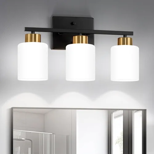 Miniatura 15 de FonmYim Lámpara de baño negra, lámpara de tocador moderna de 3 luces sobre espejo, apliques de pared con pantallas de vidrio esmerilado blanco