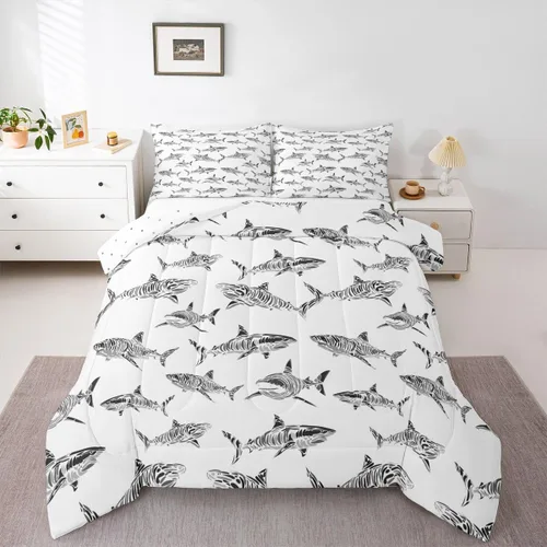 Miniatura 49 de Erosebridal Juego de edredón de tiburón, tamaño individual, juego de ropa de cama de vida oceánica para niños y niñas, color verde azulado