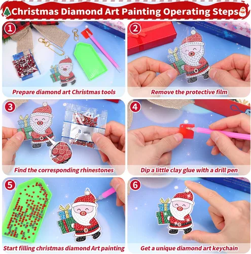 Miniatura 7 de Qinzave 26 piezas de llavero de pintura de diamante de Navidad 5D llavero de arte de diamante, adorno de Navidad con diamantes de imitación