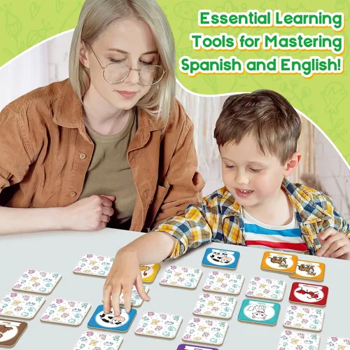 Miniatura 7 de Edulok Juego de tarjetas de memoria, juego de partidos para niños pequeños, aprender español para niños, tarjetas flash bilingües, juguetes