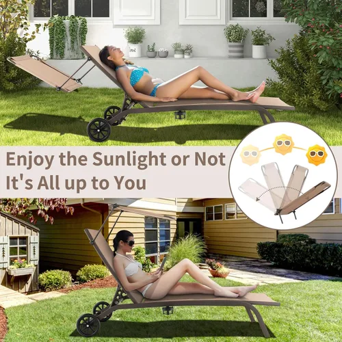 Miniatura 8 de Giantex Tumbona para exteriores, silla de bronceado con sombrilla y ruedas lisas, posición ajustable de 6 niveles, soporte para tazas, marco