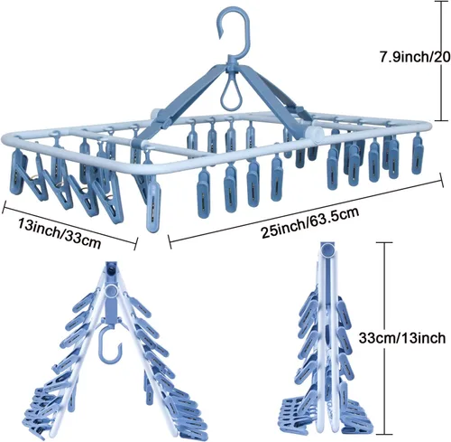 Miniatura 3 de Foshine Perchas plegables con clip, color azul, con 32 clips de secado, gancho a prueba de viento para ropa interior, calcetines, brasieres, ropa