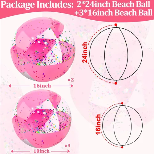 Miniatura 5 de TURNMEON 5 Pelotas de Playa con Purpurina, Jumbo de 24 Pulgadas y 16 Pulgadas con Lentejuelas Rosas Pelotas de Playa Inflables para Niños Pequeños