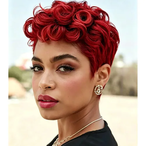 Miniatura 11 de MOONSHOW - Pelucas cortas de corte Pixie para mujeres negras, peluca de corte Pixie marrón Short Pixie Wigs for Black Women Natural Layered Short