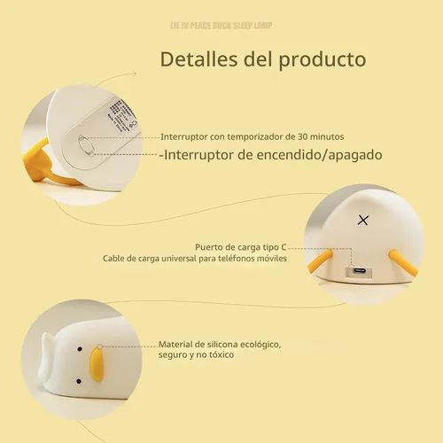 Miniatura 6 de MUID Benson - Luz nocturna de pato acostado plano, lámpara LED de pato suave, lindo pato iluminado, luz nocturna de silicona regulable