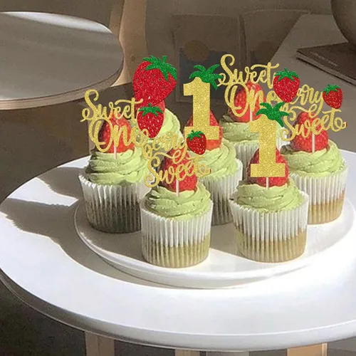Miniatura 5 de Paquete de 24 adornos para cupcakes Sweet One con purpurina para primer cumpleaños, fresa, cupcakes, para frutas, baby shower, primer cumpleaños