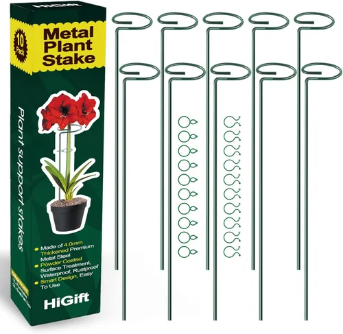 Miniatura 11 de HiGift Paquete de 10 estacas y soportes para plantas de 24 pulgadas, estacas de metal para plantas en macetas de interior, estacas de jardín