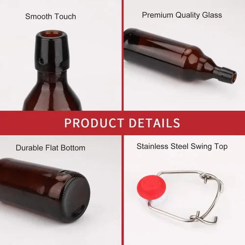 Miniatura 3 de Botellas de vidrio, botella de almacenamiento de vidrio marrón recargable con tapas abatibles, botellas de cierre de hierro ámbar con calcomanías