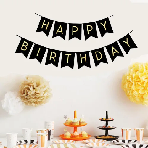 Miniatura 3 de Fecedy, Banderín y Cartel de Feliz Cumpleaños, Negro con Letras Doradas y Brillantes, Suministros para Fiestas.