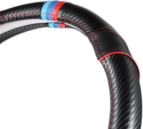 Miniatura 3 de Funda para volante de fibra de carbono + cuero con franjas deportivas en la parte superior, antideslizante y absorbente de sudor, ajuste universal