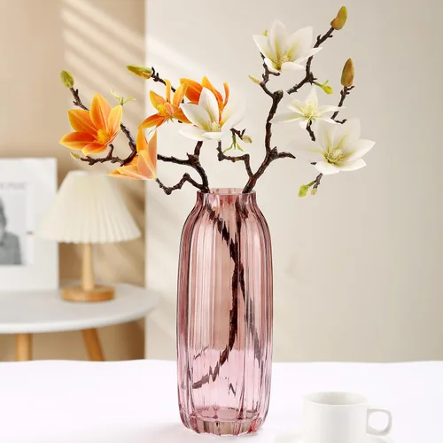 Miniatura 2 de Florero grande de cristal rosa acanalado – Jarrón decorativo de piso de 12.0 pulgadas para centros de mesa del hogar y casa de campo B Estilo-rosa