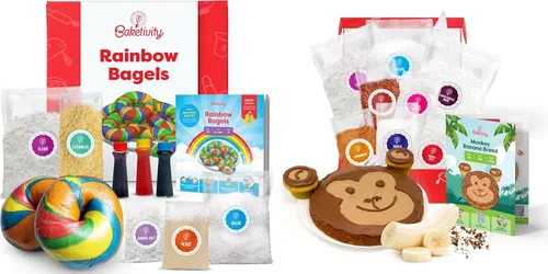 Baketivity Rainbow Bagel & Monkey Banana Bread Kit de hornear – Juego de cocina para niños con ingredientes Kosher pre-medidos, recetas ilustradas,