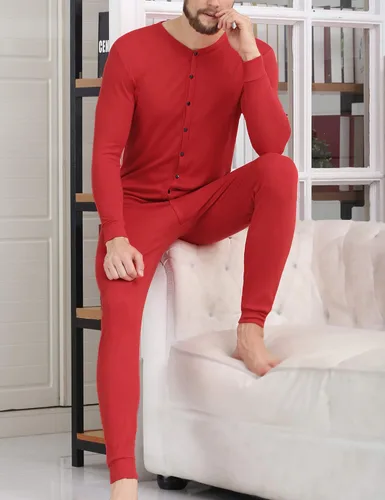 Miniatura 4 de COLORFULLEAF Ropa interior térmica de algodón para hombre, trajes de unión Henley Onesies capa base