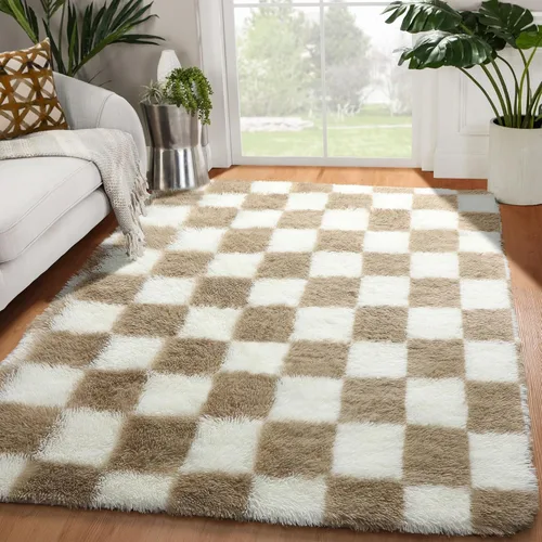 Miniatura 59 de KICMOR - Tapete a cuadros afelpado, peludo, mullido, color beige y blanco crema, pequeño, de 2 x 3 pies, para dormitorio, sala, junto a la cama