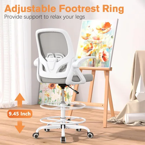 Miniatura 7 de ORRSAKER Silla de dibujo, silla de oficina alta con brazos abatibles, silla de escritorio ergonómica de malla para computadora con anillo de pie