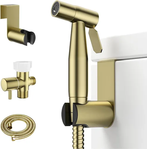 AROFA - Rociador de bidé de mano dorado para inodoro, spray tipo chorro de acero inoxidable, control ajustable de presión de agua con mangueras,