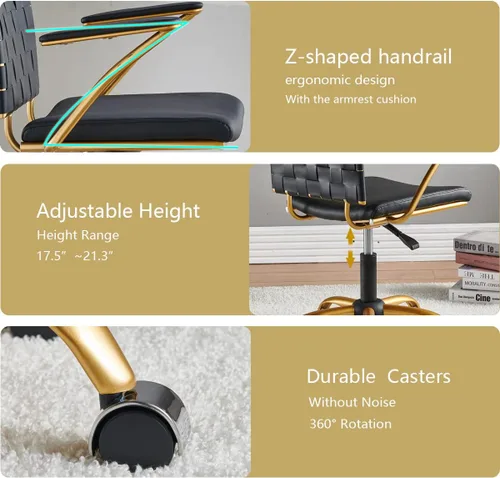 Miniatura 4 de Silla de oficina moderna de cuero, color dorado y negro, bonita silla de conferencias con respaldo medio con ruedas y brazos, cómoda silla giratoria