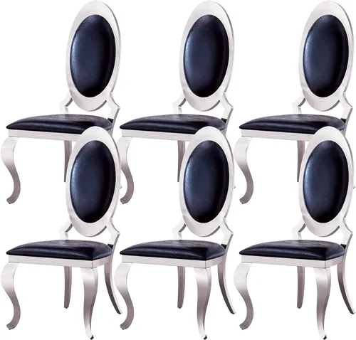 Miniatura 13 de Juego de 6 sillas de comedor modernas tapizadas de cuero con patas de acero inoxidable plateadas, sillas de cocina contemporáneas sin brazos