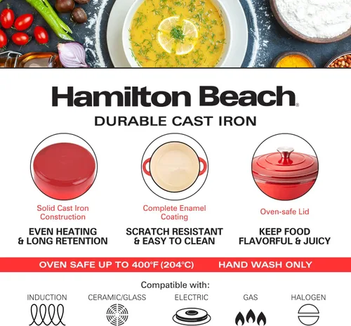Miniatura 3 de Horno holandés de hierro fundido esmaltado Hamilton Beach de 5.5 cuartos de galón rojo, olla de horno holandés con tapa esmaltada en crema Rojo 2