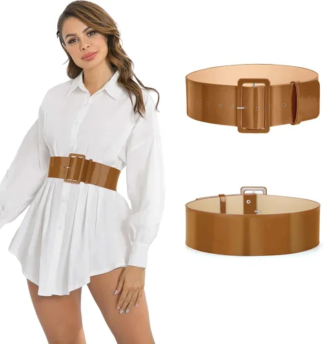 Miniatura 2 de WHIPPY Cinturón ancho de charol para mujer, hebilla cuadrada de moda, cintura alta, cinturones para vestidos