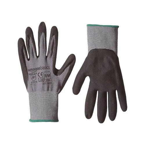 Miniatura 9 de Amazon Basics Guantes con revestimiento de nitrilo de microespuma, fibra de forro de nailon, pantalla táctil, gris, talla 7 (S), paquete de 6