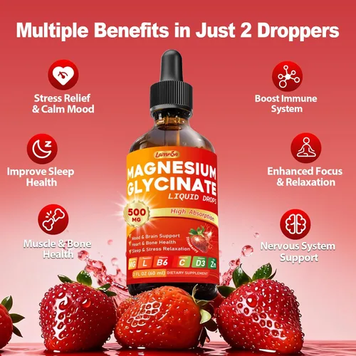 Miniatura 3 de Gotas líquidas de glicinato de magnesio de 500 mg – Alta absorción con vitamina B6, D3, C, zinc – Apoya el estado de ánimo, sueño, corazón y salud