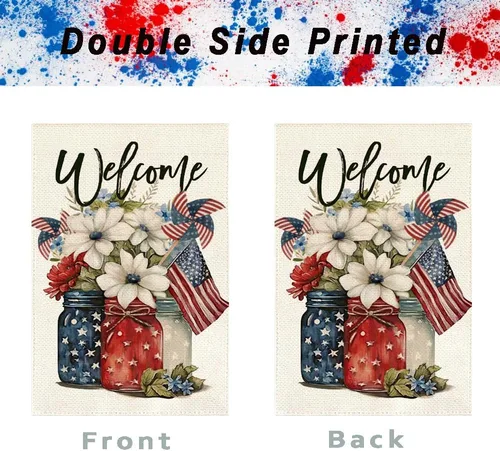 Miniatura 5 de RABUSOFA Bandera patriótica para casa del 4 de julio, 28 x 40 pulgadas, doble cara para exterior, frasco de masón americano de bienvenida, flores
