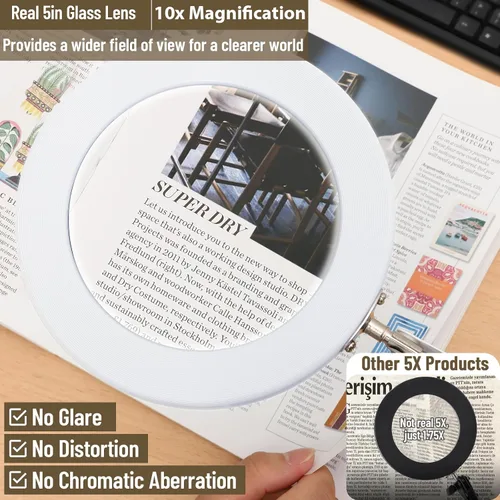 Miniatura 2 de LANCOSC Lupa de cristal real de grado óptico de 10 x 5 pulgadas con luz y soporte, lámpara de escritorio LED de 3 modos de color, regulable y sin