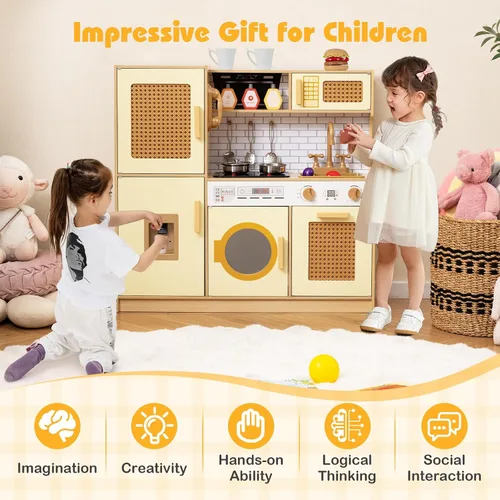 Miniatura 6 de Costzon Juego de cocina para niños, juguete Montessori de madera para niños pequeños de juego de simulación con puerta de ratán, luz y sonido, Ratán