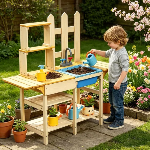 Miniatura 2 de HONEY JOY Juego de cocina de barro para niños, para interiores y exteriores, juguete de simulación de madera con fregadero extraíble, grifo