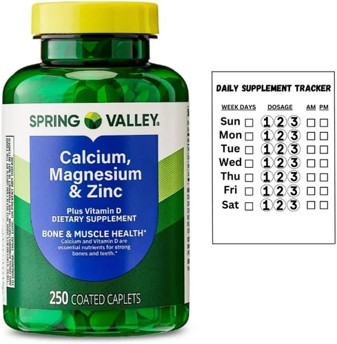Cápsulas recubiertas de calcio, magnesio y zinc más vitamina D3 Spring Valley, 250 unidades + adhesivo de seguimiento de suplementos diarios