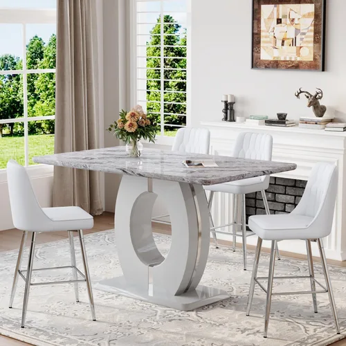 Miniatura 20 de Juego de mesa de comedor de mármol de 63 pulgadas para 6, moderno juego de mesa de comedor de altura de mostrador, mesa alta gris con taburetes